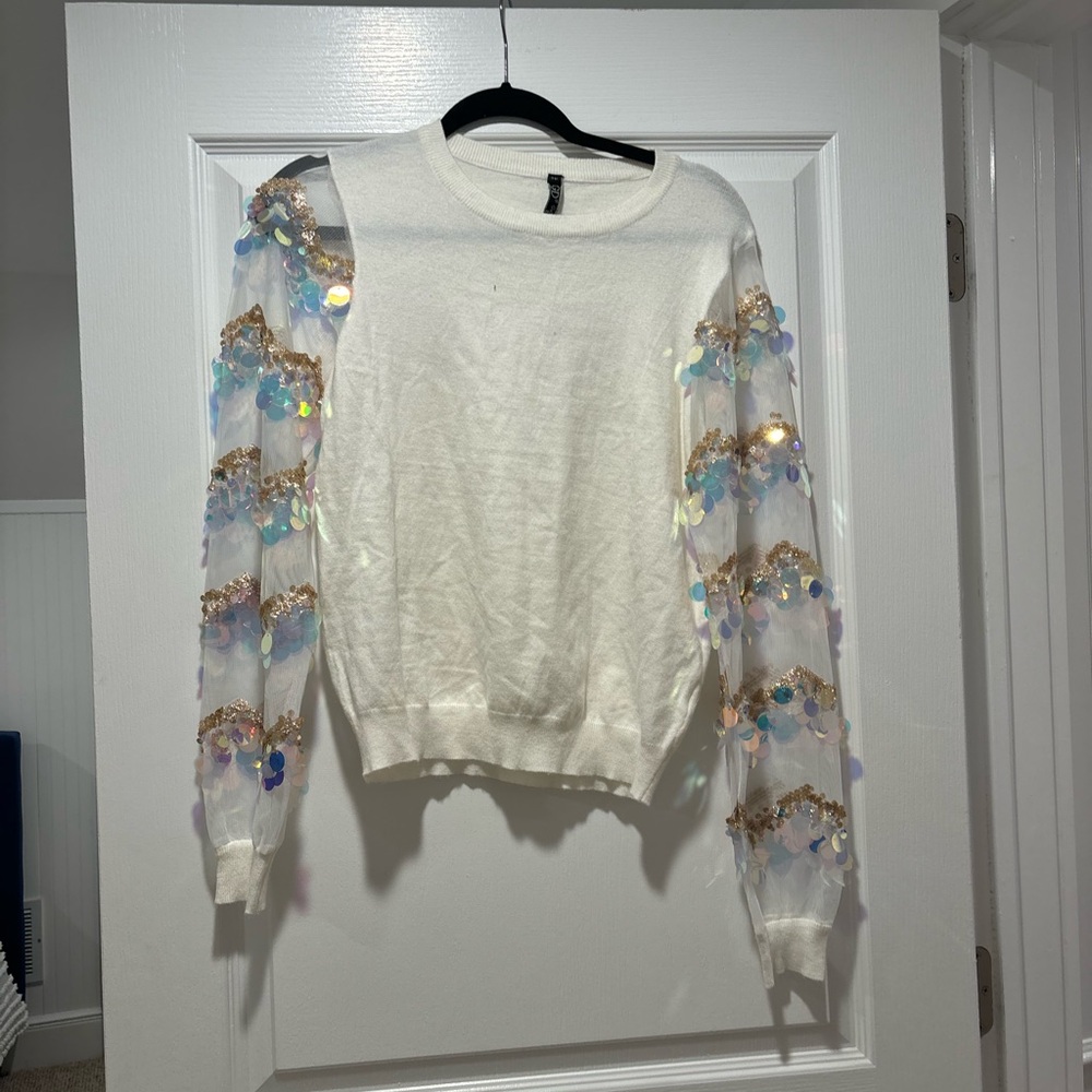 White Sweater with Sequin Sleeves
